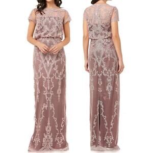 JS Collection Embroidered Lace Overlay Gown Scalloped Cap Sleeve Blush Tan 4